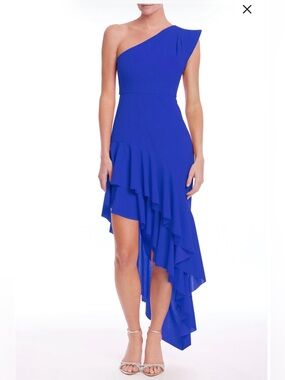 Jewel Badgley Mischka One Shoulder Ruffle High Low Gown Blue NWT